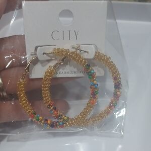 Gold and Multicolor Beaded Hoop Earrings